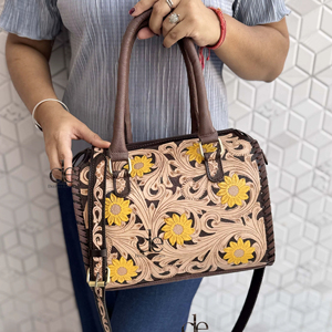 Hand Tooled Carving Leather Speedy Handbag Floral Pattern New Designer Gypsy Boho Shoulder Handmade Stylish Women Uses Ba - Product Image 1