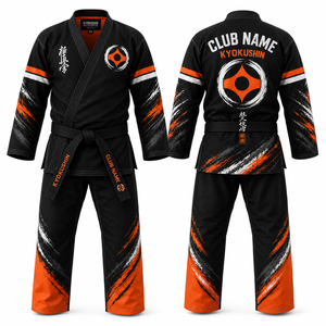 Uniforme de Karate KYOKUSHIN con Estampado por Transferencia Térmica, Negro y Naranja, Manga Corta, Absorbe la Humedad, Unisex para Adultos, con Nombre del Club y Logotipo, Cuello en V - Product Image 1