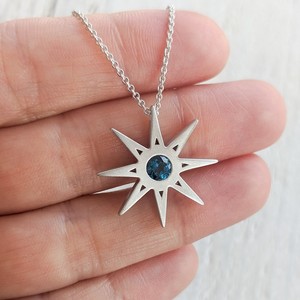 Blue Sapphire North Star Pendant <b>Solid</b> Gold Pendant Celestial Jewelry Minimalist Gemstone Necklace Luxury Design - Product Image 4