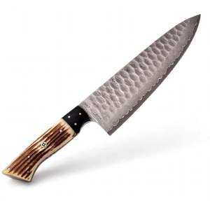Couteau de chef artisanal en acier damas martelé, avec manche en corne de cerf noire. - Product Image 6