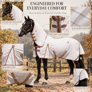 Couverture de cheval combinée en ripstop double diamant raffiné avec cache-cou intégré |   Boucles de cou réglables, épaulettes et rabat arrière - Product Image 5