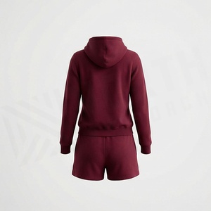 Women's 2 Piece Fleece Hooded Zip-Up Sweatshirt and Shorts Set Solid <b>Maroon</b> Casual All Seasons Wear - Product Image 2