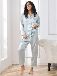 Pyjama en soie pour femme, haut de gamme, confortable, à manches longues, motif lettres, collection luxe, en promotion - Product Image 4