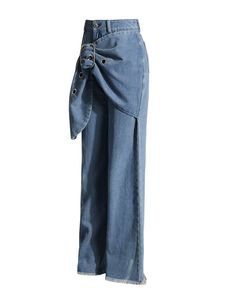 Jean en denim taille haute à jambe large pour femme, asymétrique, drapé, en coton délavé, longueur intégrale, décontracté, pour le printemps - Product Image 2