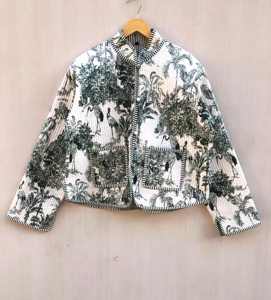 Chaqueta Acolchada de Algodón Reversible, Tejida a Rayas con Estampado Jaipuri Sanganeri, Transpirable, para Otoño, Hecha a Mano para Mujer - Product Image 1