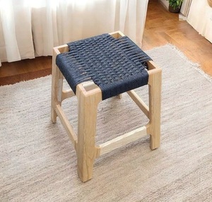 Tabouret moderne en bois noir avec pieds en bois et corde tressée, repose-pieds fait main style ferme pour salon et maison - Product Image 4