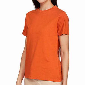 Camiseta de Jersey de Manga Corta con Cuello Redondo para Mujer, Color Naranja, Corte Regular, Color Sólido, Ropa Casual de Primavera/Verano, 100% Algodón Transpirable - Product Image 4