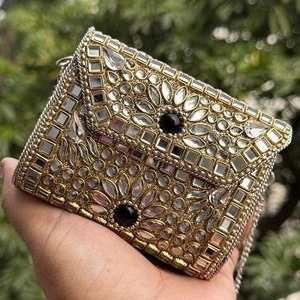 Bolsos de mano de noche para mujer, artesanía natural hecha a mano, con mosaico de metal de nácar, estilo Kundan, vintage indio, ovalados, multicolor, Candid - Product Image 2