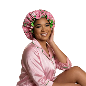 Pink and Green Luxury Satin <b>Bonnet</b> with 1908 Pattern Double Layer Hair Wrap Sleep Cap for Women Beauty and Comfort - Product Image 2