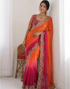 KV Traditional Silk Embellished Embroidered Zari <b>Satin</b> <b>Saree</b> with Stitched Blouse Wrinkle-Free & Reversible for Autumn Party - Product Image 6