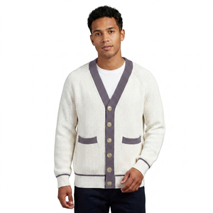 Cardigan en acrylique blanc pour homme avec bordure marine, manches longues, fermeture boutonnée, anti-plis, détails brodés - Collection Automne - Product Image 6
