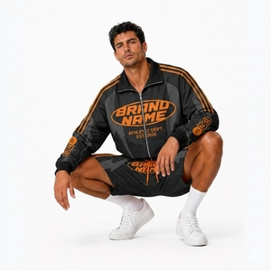 Custom Brand Name Men's Sporty Track Jacket & Shorts Set Sublimation Print Breathable Polyester Autumn Wear Zip up Bomber Jacket - Product Image 5
