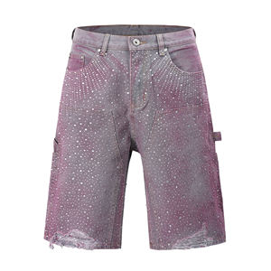 Shorts en jean baggy pour hommes OEM 2026 personnalisés 16 OZ en toile avec impression intégrale de strass et paillettes, effet vieilli, vente en gros - Product Image 1