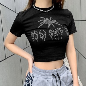 New Eco-Friendly Summer Ladies Streetwear <b>Rhinestone</b> <b>Crop</b> <b>Tops</b> <b>with</b> Bare Midriff Bling 100% Cotton for Women - Product Image 4