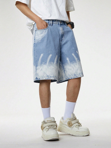 <b>mens</b> light blue acid wash denim shorts bleached graphic urban style baggy jort silhouette loose fit classic five pocket design - Product Image 5
