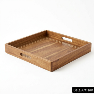 Grand plateau ottoman en bois d'acacia avec incrustations minimalistes – Plateau de service carré durable et non toxique pour fêtes et décoration intérieure - Product Image 2