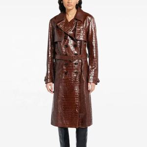 Manteau trench en cuir véritable gaufré marron coupe-vent avec ceinture, manches longues, col rabattu, veste d'automne pour femme - Product Image 1