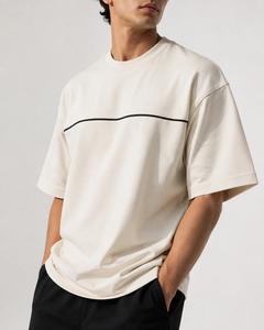 T-shirt à manches courtes pour homme, couleur claire, coupe ample, avec bordure contrastée, t-shirt oversize, col rond, coton tricoté, vêtements décontractés - Product Image 1