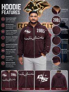 Sweat à capuche oversize pour homme, couleur bordeaux, en molleton de coton, fermeture éclair intégrale, style streetwear, avec strass et imprimé calligraphie arabe, design 2005 - Product Image 1