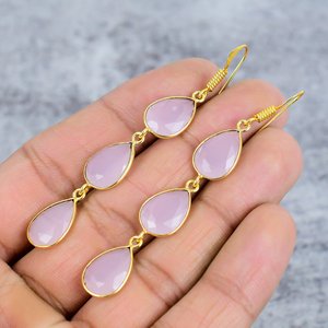 Rose Quartz Pear Shape Handmade Bezel Set 925 <b>Sterling</b> <b>Silver</b> Gold-Plated Trendy <b>Wire</b> Hook Earrings for Women - Product Image 3