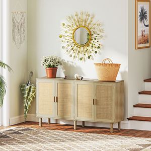 Credenza Artigianale Bohemien da 158 cm con 4 Ante in Rattan e Ripiani per Soggiorno o Corridoio in Stile Rustico, Legno Naturale - Product Image 6