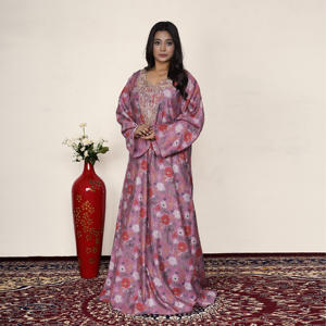 Jalabiya élégante en Chanderi avec imprimé floral et broderie au col, robe Abaya Kaftan arabe de luxe pour femmes, tenue modeste - Product Image 3