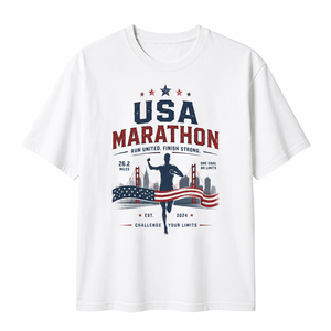 เสื้อยืดคอกลมแขนสั้น USA Marathon Run United Finish Strong สำหรับทุกเพศ พิมพ์ลายซิลค์สกรีน เหมาะสำหรับกิจกรรมเดินและวิ่ง - Product Image 1