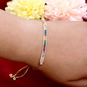 Wholesale 925 Sterling Silver Rainbow CZ Bar <b>Bracelet</b> <b>Gold</b> Plated Multi Color Baguette <b>Adjustable</b> Slider Chain Jewelry - Product Image 4