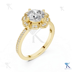 Bague en or massif 1.00-5.00 CT avec diamant de laboratoire taille coussin, halo floral vintage et pavé, bijoux de luxe sur mesure pour soirée - Product Image 4