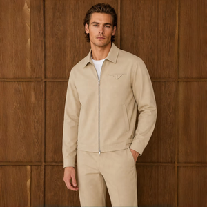 Men's Beige Denim Racer <b>Jacket</b> Quick Dry Zipper Closure Turn-down Collar <b>Smart</b> <b>Casual</b> Fit Regular Sleeve Solid Color Front Logo - Product Image 2