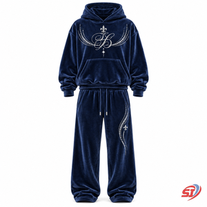 Conjunto de Sudadera con Capucha y Pantalones de Terciopelo OEM Navy Manor Script con Pedrería de Cristal, 95% Algodón, 5% Elastano, Lujoso y Oversize - Product Image 1