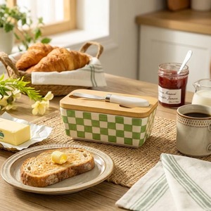 Green <b>Check</b> Design Ceramic Butter Dish With Wooden Lid For Daily Use Kitchen <b>Table</b> Elegant Butter Storage From India - Product Image 3