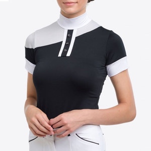 Camisa de equitación para mujer con bloques de color, manga corta, cuello alto, cierre de botones, top de punto transpirable - Product Image 3