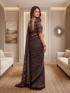 Sari Tradicional Indio de Seda con Estampado Digital y Parches Multicolores para Bodas y Eventos Festivos para Mujer - Product Image 3