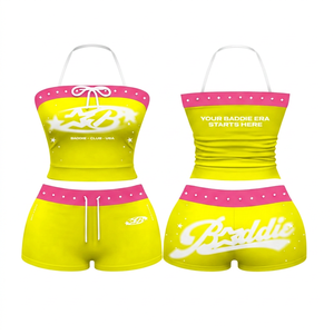 Ensemble 2 pièces short et haut sans bretelles noir turquoise pour femme, avec fermeture éclair et motif lettres imprimées, coupe ajustée au genou, en coton et polyester, collection Printemps - Product Image 2