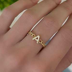 Custom Initial Letter Cuban <b>Chain</b> Ring Lab Grown Diamond 14k Solid Gold Personalized Alphabet <b>Name</b> Ring Fine Jewelry Wholesale - Product Image 2