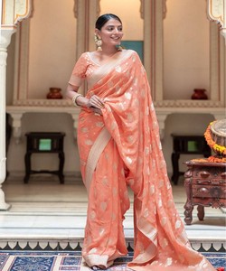 Orange Silk Saree With Gold Polka Dots Traditional Indian Wedding Wear For Women <b>Floor</b>-Length Regular Fit - Product Image 1