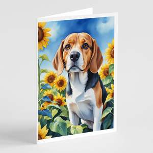 Beagle caprichoso en girasoles A7 tamaño 5x7 tarjetas de felicitación en blanco Paquete de 8 incluye sobres para escritura de notas - Product Image 1