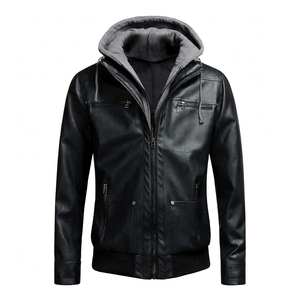 Men's Black <b>Hooded</b> Genuine Leather Windproof Winter <b>Jacket</b> with <b>Fur</b> Trim Polyester Lining Color Blocking Zip-Up Closure - Product Image 6