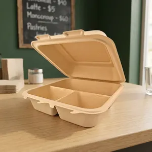 Contenedor Ecológico Biodegradable de Cartón Moldeado, Tipo Concha, 8x8, 3 Compartimentos, para Alimentos, Catering - Product Image 1