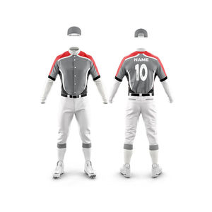 Ensemble d'uniformes de baseball personnalisés pour hommes, gris, rouge, blanc, impression par sublimation, polyester respirant, taille adulte, service OEM - Product Image 1