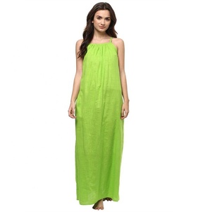 Hermoso vestido de noche sin mangas verde loro elaborado con 100% vestido de noche perfecto de algodón transpirable suave - Product Image 1