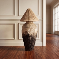 Lampadaire en céramique méditerranéenne Gajayana 45x45x100CM, abat-jour conique beige en raphia plissé, LED, base E27, DIY, panier de rangement minimaliste pour la maison