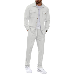 Ensemble haut et pantalon à manches longues en tricot blanc pour homme, col montant, tenue décontractée pour le printemps - Product Image 1