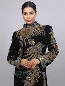 Awais House Women's Black Velvet Polyester Natural Waist Floor-Length V-neck Long Sleeve Beaded Embroidery Modest Evening A-Line - Product Image 5