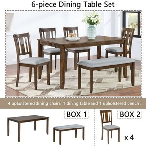 Juego de Comedor de 6 Piezas, Mesa Rectangular de Madera con 4 Sillas Tapizadas y Banco para 6 Personas, Elegante Juego de Comedor - Product Image 3