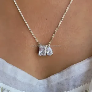 Radiant & Pear Cut Diamond Pendant Necklace for Women – Elegant Luxury Two <b>Stone</b> Design in White Gold, Perfect Gift for Her - Product Image 1