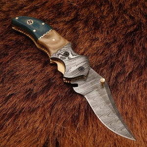 Pasha Enterprises Industrial Grade Damascus <b>Multi</b>-Functional Outdoor Folding Pocket Knife Black Horn Handle Leather Sheath - Product Image 3