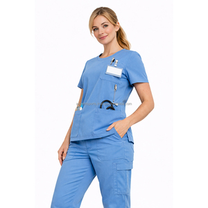 Ensemble d'uniformes d'allaitement style tunique avec pantalon jogger à poches cargo et étiquette tissée personnalisée, en tissu anti-humidité, pour le secteur de la santé, vente en gros - Product Image 3