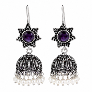 Boucles d'oreilles pendantes Jhumka vintage en argent oxydé avec améthyste et perles d'imitation en alliage de zinc pour femmes, vente en gros - Product Image 2